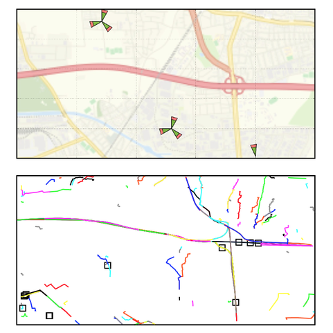 The bottom picture shows the most commonly used routes identified using measurements from a cellular network, for the area shown in the top picture. Currently active users are matched to these routes and based on historical information that is associated with them, users are intelligently steered from cell to cell in order to minimise the number of handovers.