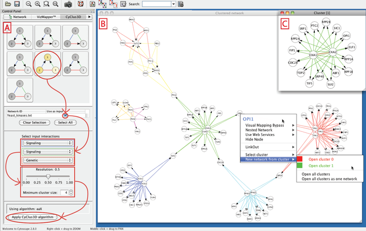 Network motifs in integrated molecular networks represent functional relationships between distinct data types. They aggregate to form dense topological structures corresponding to functional modules which cannot be detected by traditional graph clustering algorithms. The picture shows the graphical user-interface of CyClus3D, a Cytoscape plugin we developed for clustering composite three-node network motifs using a 3D spectral clustering algorithm.
