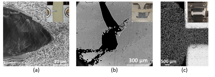 Figure: (a) tearing of a high-performance nanofiber filter membrane. (b) Crack growth in a 3D printed fiber reinforced composite under flexural loading. (c) Compression of a rigid open cellular foam.