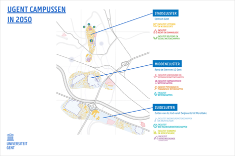 UGent campussen in 2050: 3 clusters in Gent.